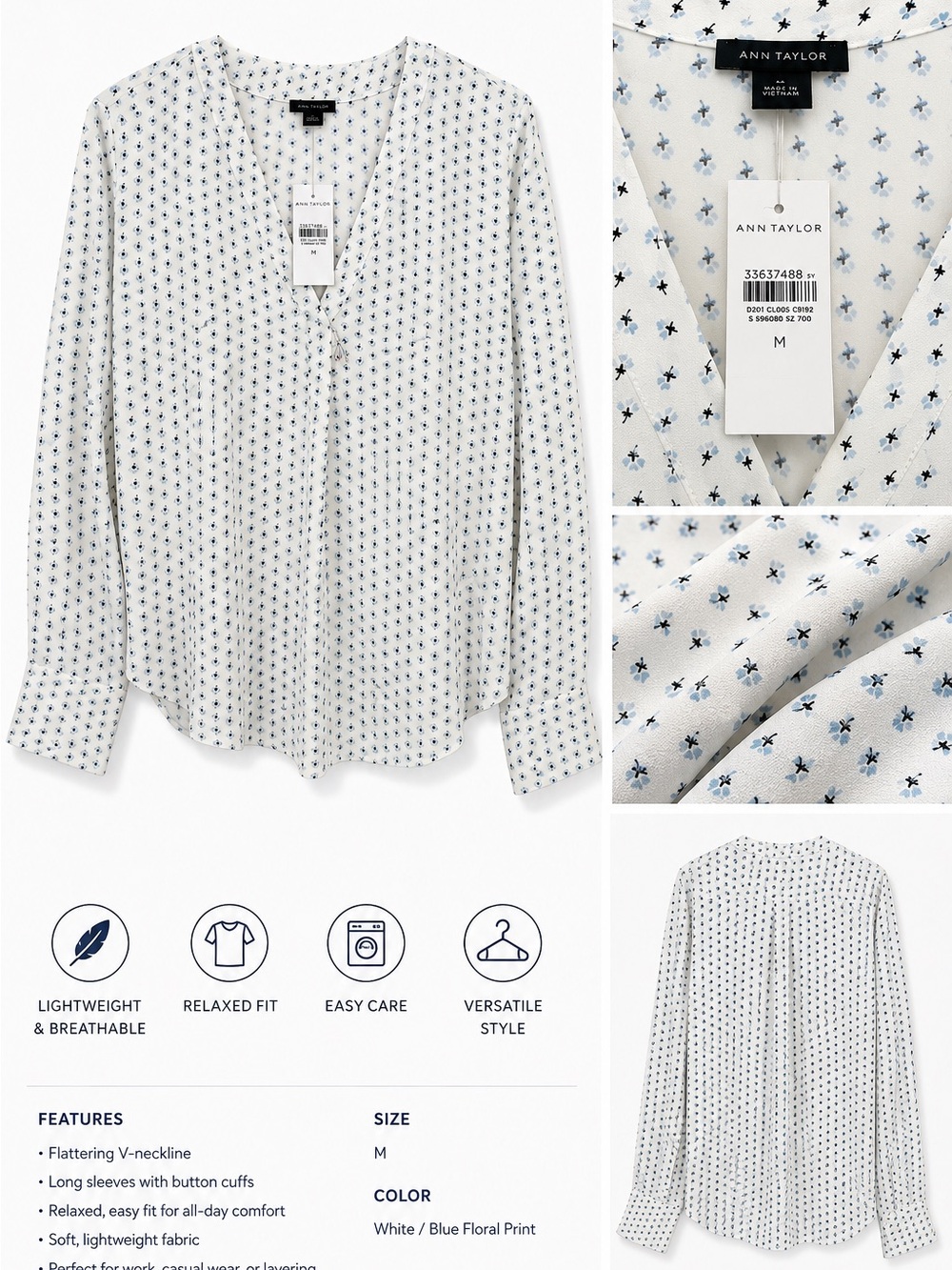 Ann Taylor White and Blue Floral V-Neck Long Sleeve Blouse